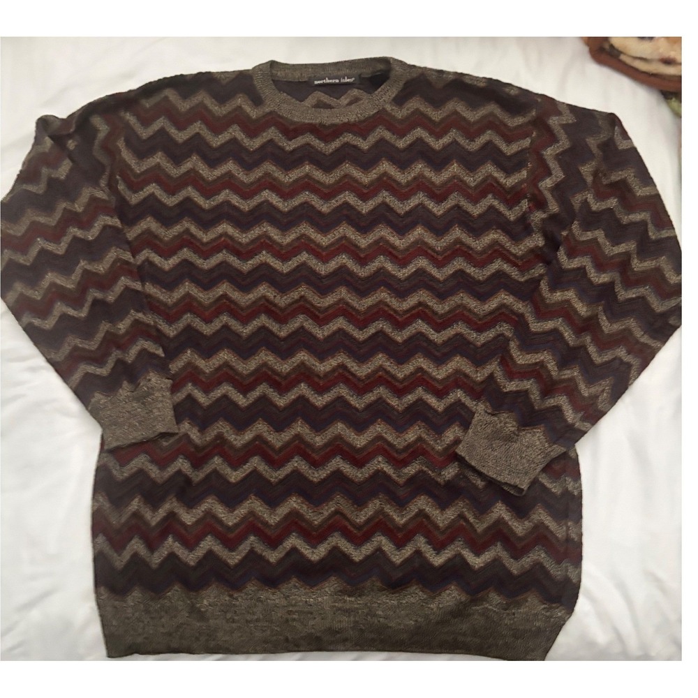 Northern Isles Mens Chevron Zigzag Knit Sweater Brown Burgundy Navy Large‎ L - Picture 2 of 4